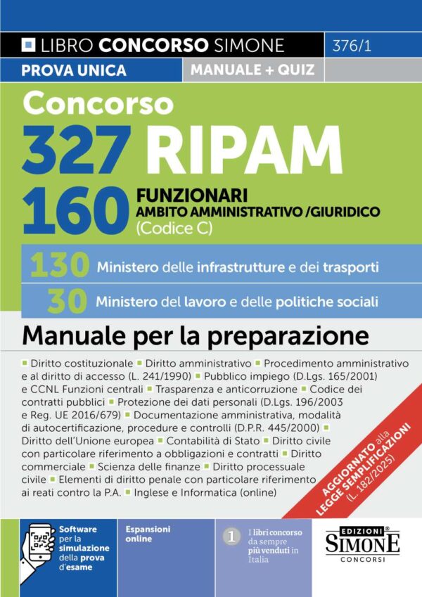 Concorso 327 RIPAM 160 Funzionari in Ambito Giuridico e Amministrativo (Codice C) – 130 Ministero delle infrastrutture e dei trasporti – 30 Minstero del lavoro e delle politiche sociali
