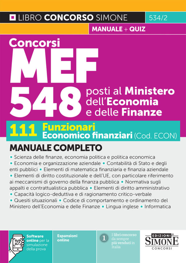 Concorso MEF 548 posti - 111 Funzionari Economico finanziari - Manuale - 534/2