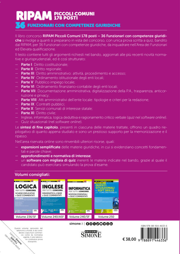 Concorso RIPAM Piccoli Comuni 178 posti - 36 Funzionari con competenze giuridiche - Manuale - 328/PC1