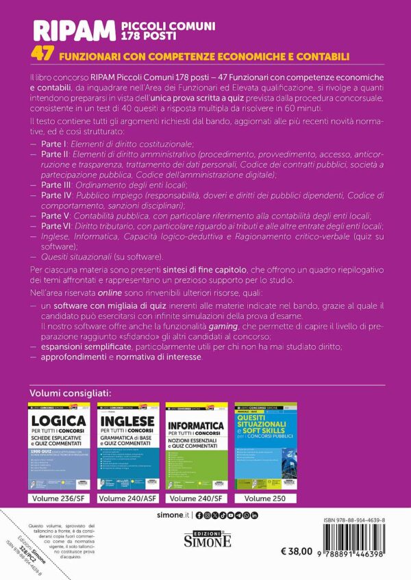 Concorso RIPAM Piccoli Comuni 178 posti - 47 Funzionari con competenze economiche e contabili - Manuale - 328/PC2